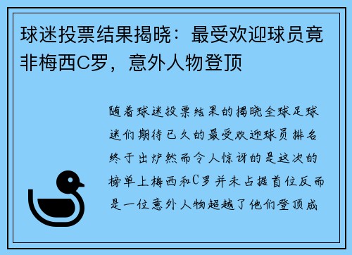 球迷投票结果揭晓：最受欢迎球员竟非梅西C罗，意外人物登顶